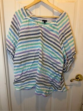 Talbots Striped 100% Linen Dolman Striped Top in Aqua, Lavender, Navy and White